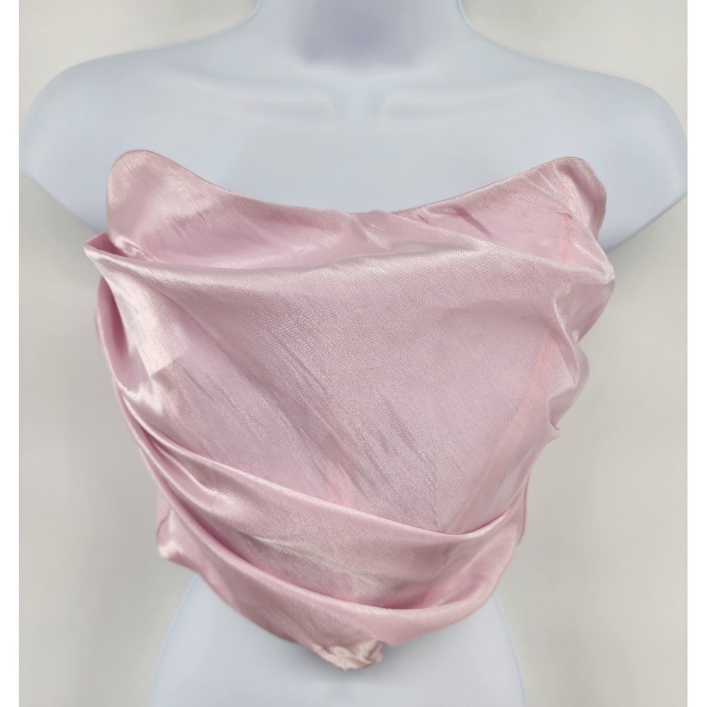 Pink‎ Satin Ruched Strapless Tube Top Shimmer Cropped Corset Style Small